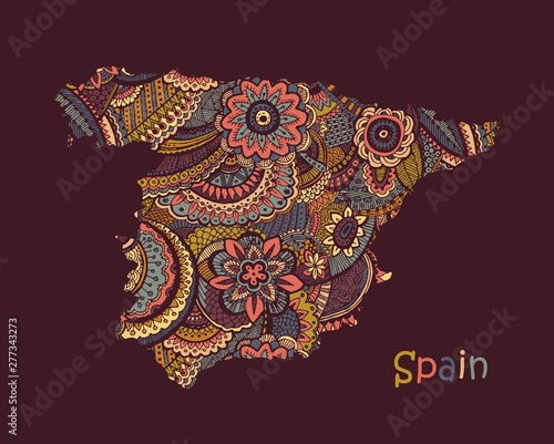 Canvas Print Textured vector map of Spain. Hand drawn ethno pattern