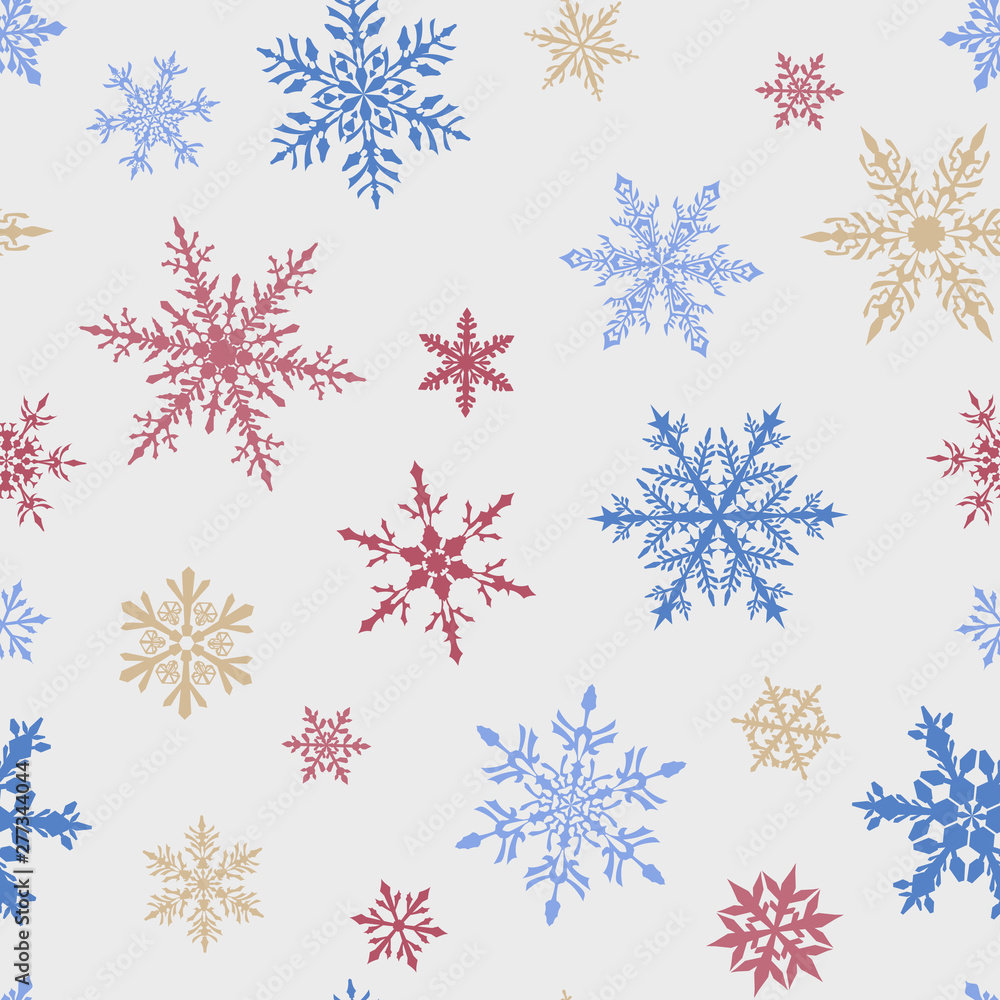 Christmas seamless pattern of complex big and small multicolored snowflakes on white background Christmas seamless pattern of complex big and small multicolored snowflakes on white background