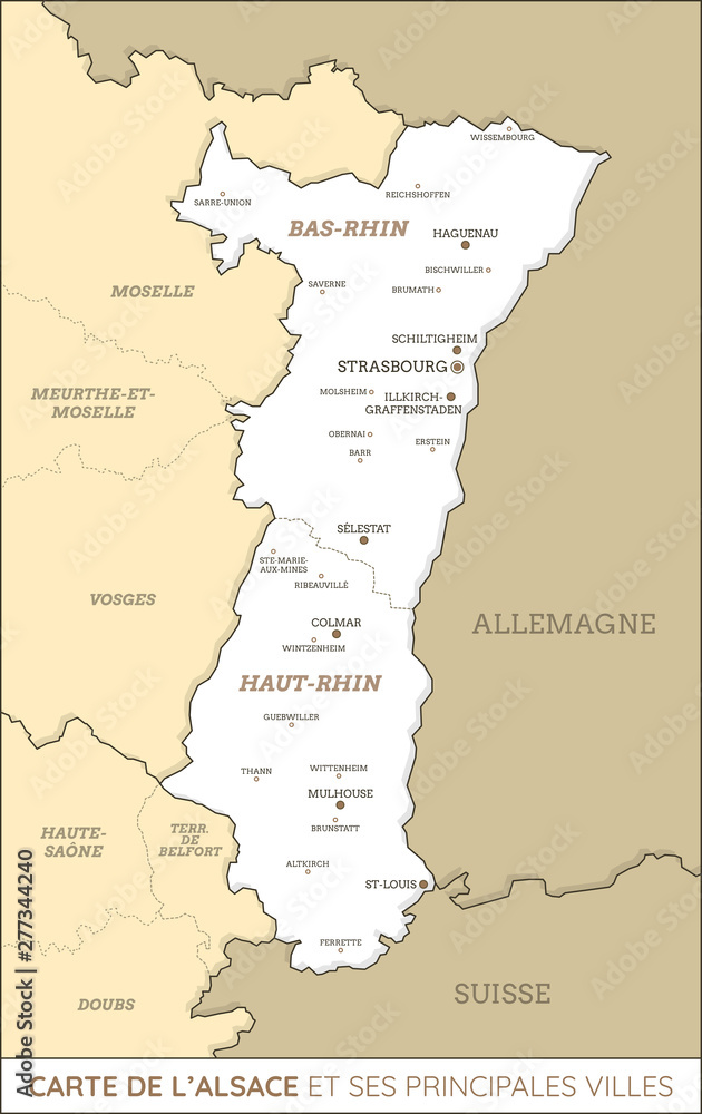 Carte de la région Alsace et ses principales villes. Fichier éditable et multi-calques.