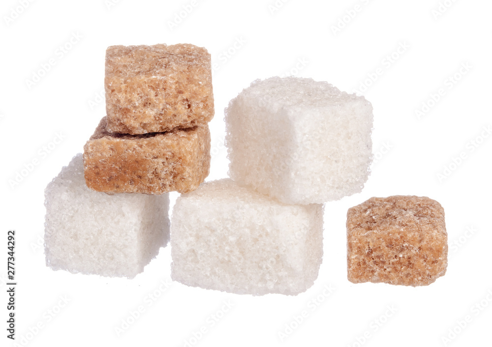 White refined sugar and brown unrefined sugar cubes