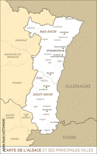 Carte de la r  gion Alsace et ses principales villes. Fichier   ditable et multi-calques.
