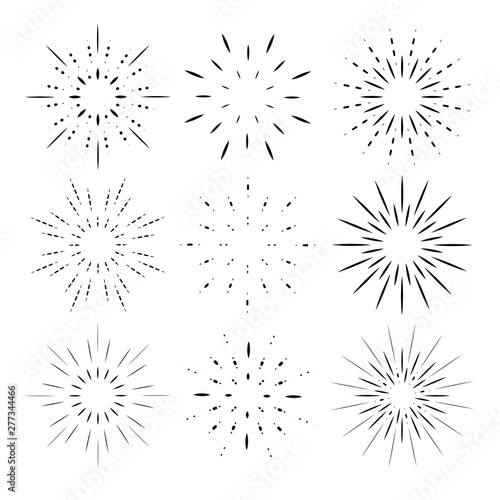 Thin line icon fireworks set. Sun ray shape explosion bursting vector elements