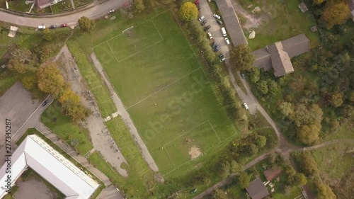 Aerial Photography football match. Amateur football players play football. 4k