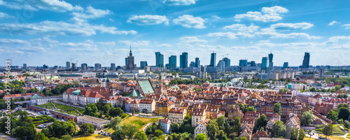 Aerial panorama of Warsaw, Poland over the Vistual river and City center in a distance © netsay