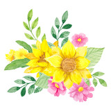 Farm bouquet with rose and sunflower, watercolor hand draw baby illustration isolated on white background