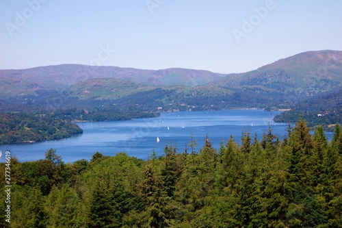 A panoramic view of Lake Windermere in the English Lake District.