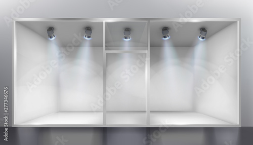 Empty storefront in the mall. Illuminated place for exhibition. Vector illustration.