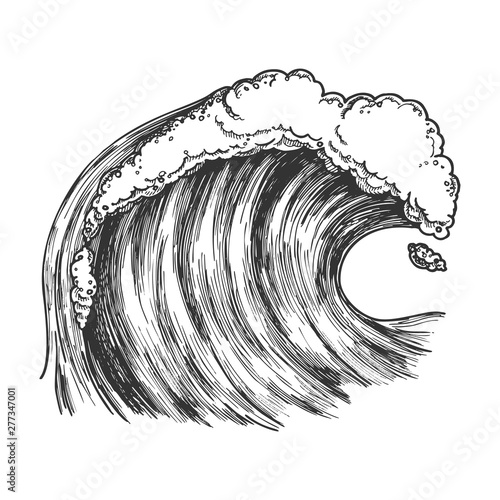 Rushing Foamy Tropical Ocean Marine Wave Vector. Dangerous Great Cool Standing Marine Surge Storm Tidal Stream Surf Water. Motion Aqua Tsunami Power And Weather Concept Monochrome Cartoon Illustration