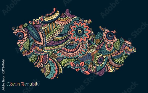 Fotografi Textured vector map of Czech Republic. Hand drawn ethno pattern.