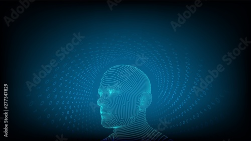 AI. Artificial intelligence concept. Digital brain. Abstract human face. Human head in robot digital computer interpretation. Robotics concept. Wireframe head concept. Vector illustration.