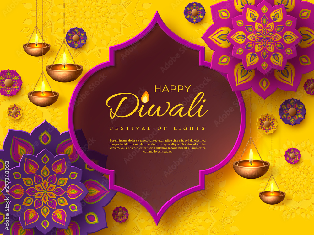 Diwali festival of lights holiday design with paper cut style of Indian ...