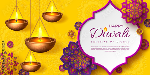 Diwali festival of lights holiday design with paper cut style of Indian Rangoli and hanging diya - oil lamp. Purple color on yellow background. Vector illustration.