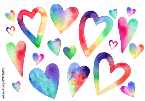 Hand drawn watercolor rainbow heart set. Valentine's Day	elements.