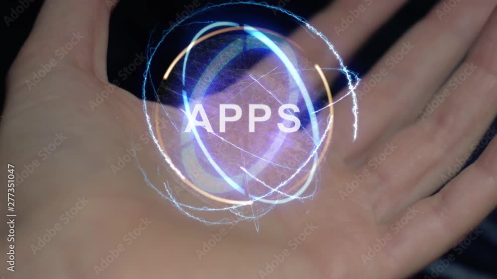 APPS text in a round conceptual hologram on a female hand. Close-up of a hand on a black background with future holographic technology APPS text in a round conceptual hologram on a female hand. Close-up of a hand on a black background with future holographic technology