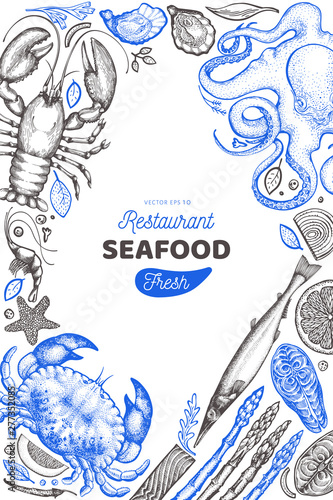 Seafood and fish design template. Hand drawn vector illustration. Food banner. Can be used for design menu, packaging, recipes, label, fish market, seafood products.