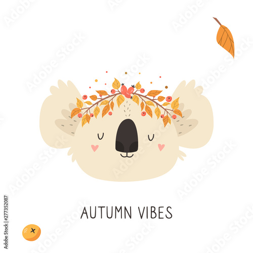 Cute koala in autumn wreath on white background