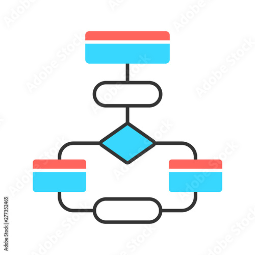 Flow diagram color icon. Flowchart. Elements structure and interaction. Process visualization. Problem solving stages. Program logic sequence. Algorithm. Isolated vector illustration