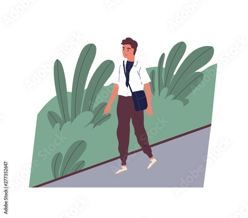 Cute smiling young man going to work. Happy male character walking on city street. Morning activity of clerk or office worker. Start of day. Colorful vector illustration in flat cartoon style.