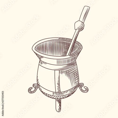 Mate tea engraving style vector illustration. Calabash and bombilla