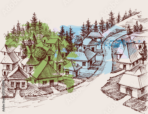 Village hand drawing, pine forest in the background