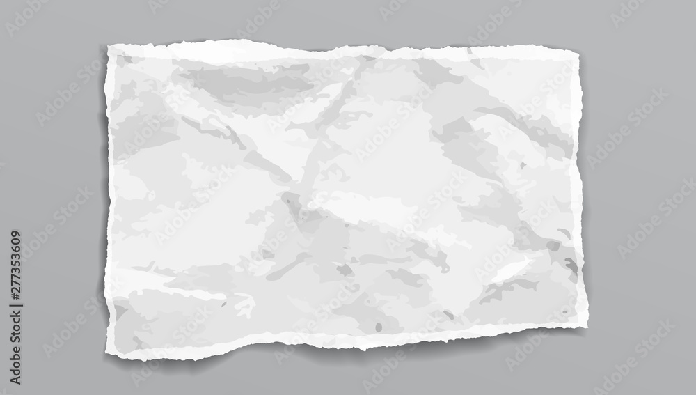 Crumpled and torn old white note, notebook paper sheet with soft shadow is on grey background. Vector illustration Crumpled and torn old white note, notebook paper sheet with soft shadow is on grey background. Vector illustration