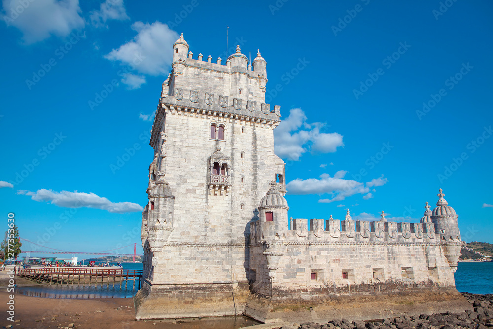 Famous Belem Tower on the Tagus river shore in Lisbon 