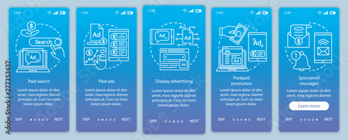 PPC channels blue gradient onboarding mobile app page screen vector template. Media marketing, ad networks walkthrough website steps with linear illustrations. UX, UI, GUI smartphone interface concept