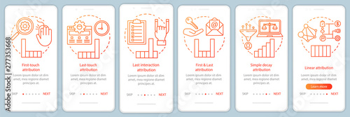 Attribution modeling types orange onboarding mobile app page screen vector template. Diagrams, charts walkthrough website steps with linear illustrations. UX, UI, GUI smartphone interface concept