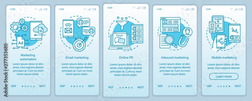 Digital marketing tactic turquoise onboarding mobile app page screen vector template. Advertising campaign walkthrough website steps with linear illustrations. UX, UI, GUI smartphone interface concept