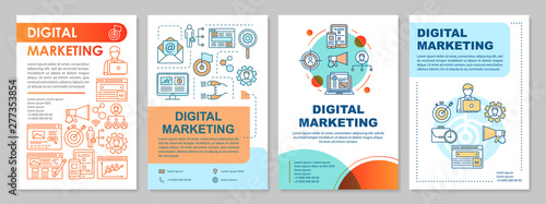 Digital marketing brochure template layout. SMM, targeting. Flyer, booklet, leaflet print design with linear illustrations. Vector page layouts for magazines, annual reports, advertising posters