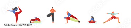 People doing yoga asanas, vector flat isolated illustration