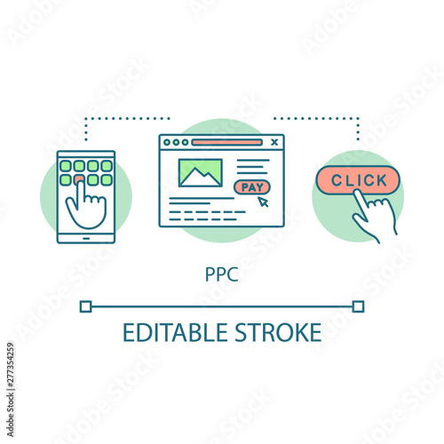 PPC concept icon. Pay per click idea thin line illustration. Digital marketing tactic. Marketing strategy. Internet advertising model. Vector isolated outline drawing. Editable stroke