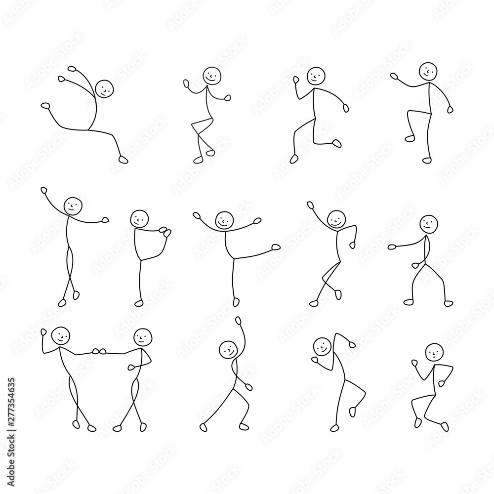 Cartoon icons set of sketch little people stick figure, dancing people ...