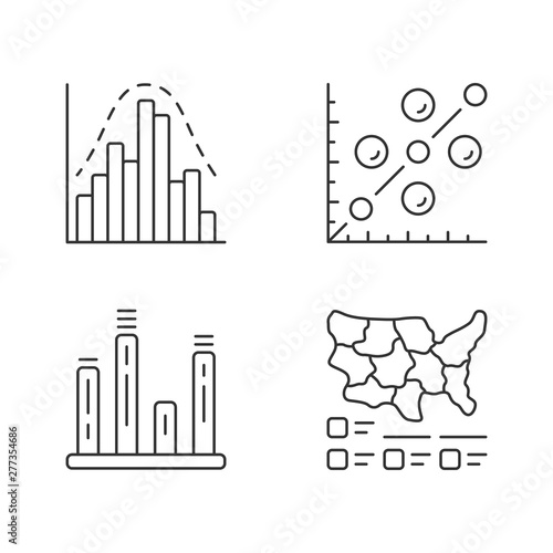 Diagrams linear icons set. Histogram, bar graph, scatter plot, cartogram. Statistics data. Analytical information. Thin line contour symbols. Isolated vector outline illustrations. Editable stroke