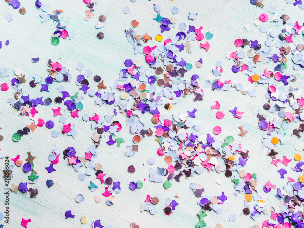 Colorful party festive background with confetti. Flat lay