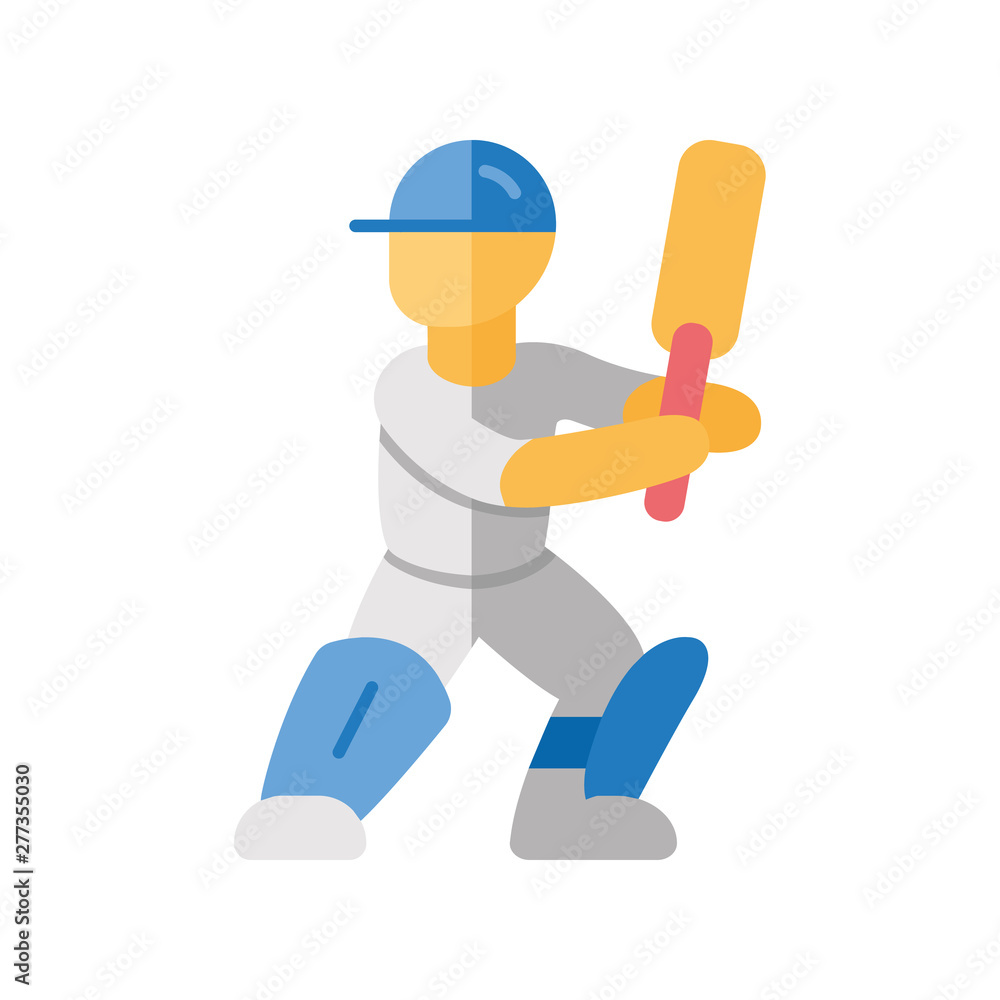 Cricket player flat design long shadow color icon. Batsman ready to fight off pitch. Cricketer in uniform, leg pads with bat. Team game. Athlete on playground. Vector silhouette illustration Cricket player flat design long shadow color icon. Batsman ready to fight off pitch. Cricketer in uniform, leg pads with bat. Team game. Athlete on playground. Vector silhouette illustration