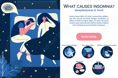 Male insomniac lying with sleeping woman near him in bed at night. Tired man suffer from sleeping disorder, insomnia, nightmare, sleeplessness. What causes insomnia banner.