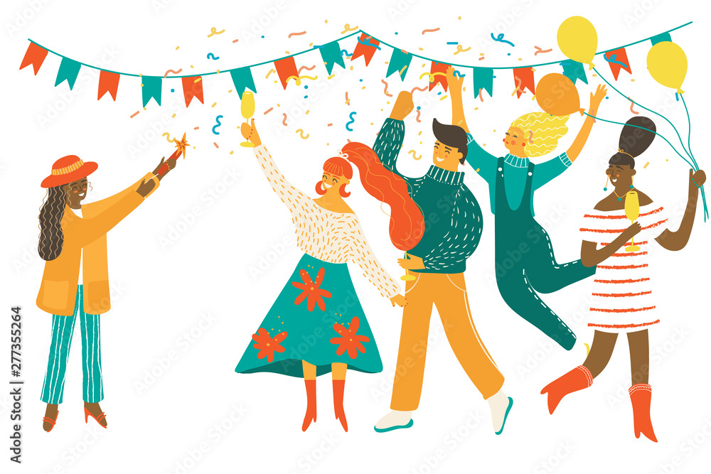 People celebrating party concept. Funny cartoon characters having fun with  cocktails and confetti. Happy men and women congratulates with birthday,  holiday, anniversary, festival. Stock Vector | Adobe Stock