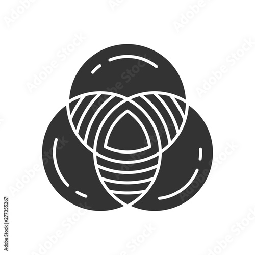 Venn diagram glyph icon. Primary diagram. Three overlapping closed circles. Symbolic representation of relations. Math  logic. Silhouette symbol. Negative space. Vector isolated illustration
