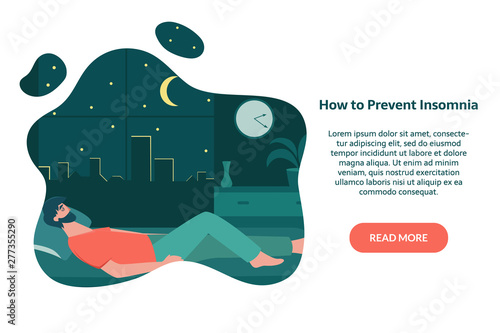 Male insomniac lying in bed at night. Tired man suffer from sleeping disorder, insomnia, nightmare, sleeplessness. Sleepy character trying to fall asleep. Melatonin and sleep banner template.