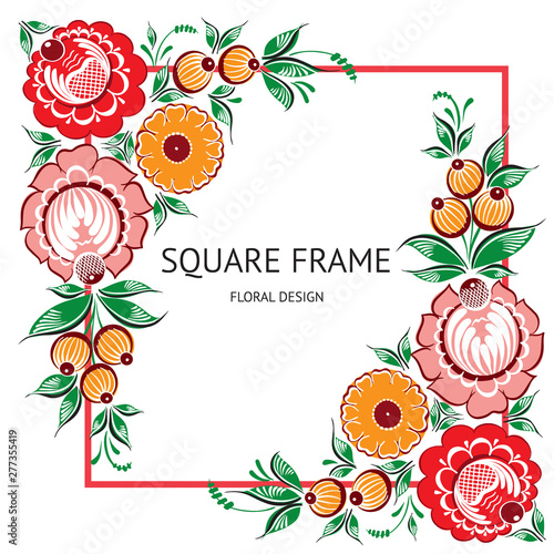 Square frame of Floral russian traditional vector ethnic ornament Gorodets on isolated white background for your design