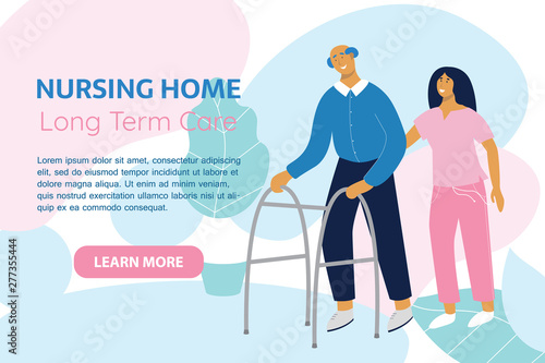 Old man with Zimmer frame walks with nurse. Nursing home, rehabilitative centres, long-term care facilities, private clinics concept. Health worker helps retiree with his physical recovery.