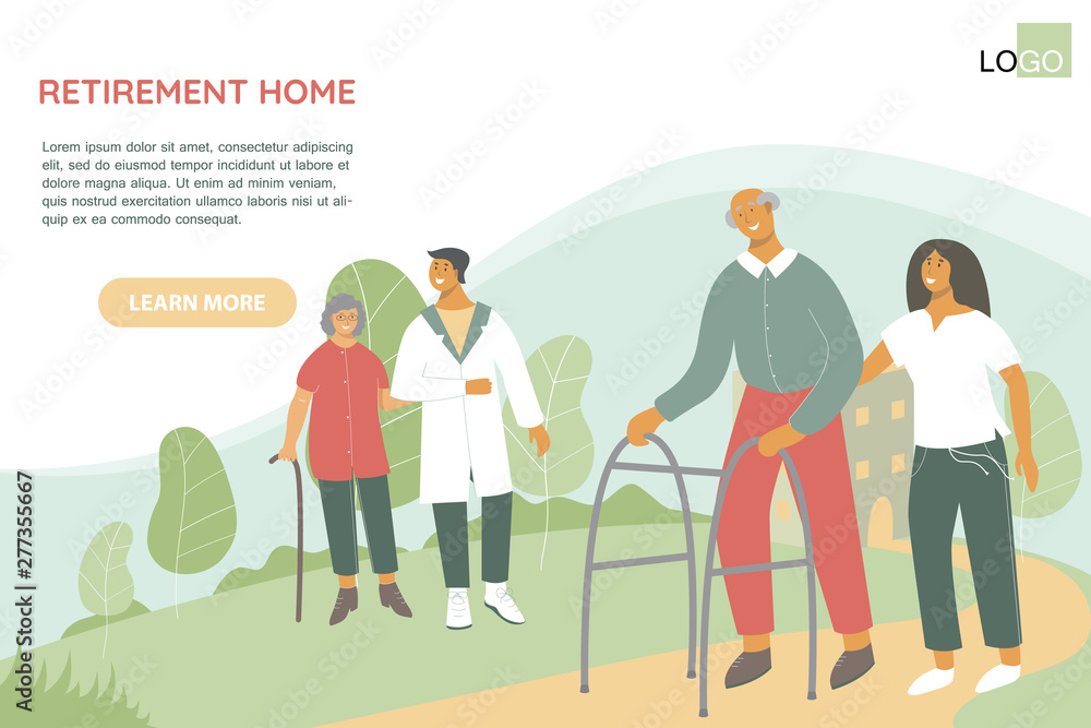 Old woman with walking stick talks with doctor. Retiree with Zimmer frame walks with nurse. Nursing home, long-term care facilities. Health worker helps retiree with his physical recovery. Old woman with walking stick talks with doctor. Retiree with Zimmer frame walks with nurse. Nursing home, long-term care facilities. Health worker helps retiree with his physical recovery.