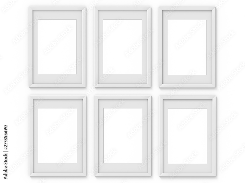Set of 6 vertical A4 white simple picture frame with a border. Mockup for photography. 3D rendering Set of 6 vertical A4 white simple picture frame with a border. Mockup for photography. 3D rendering