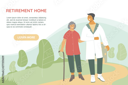 Old woman with walking stick talking with doctor. Nursing home, rehabilitative centres, long-term care facilities, clinics concept. Health worker helps retiree with his physical recovery.