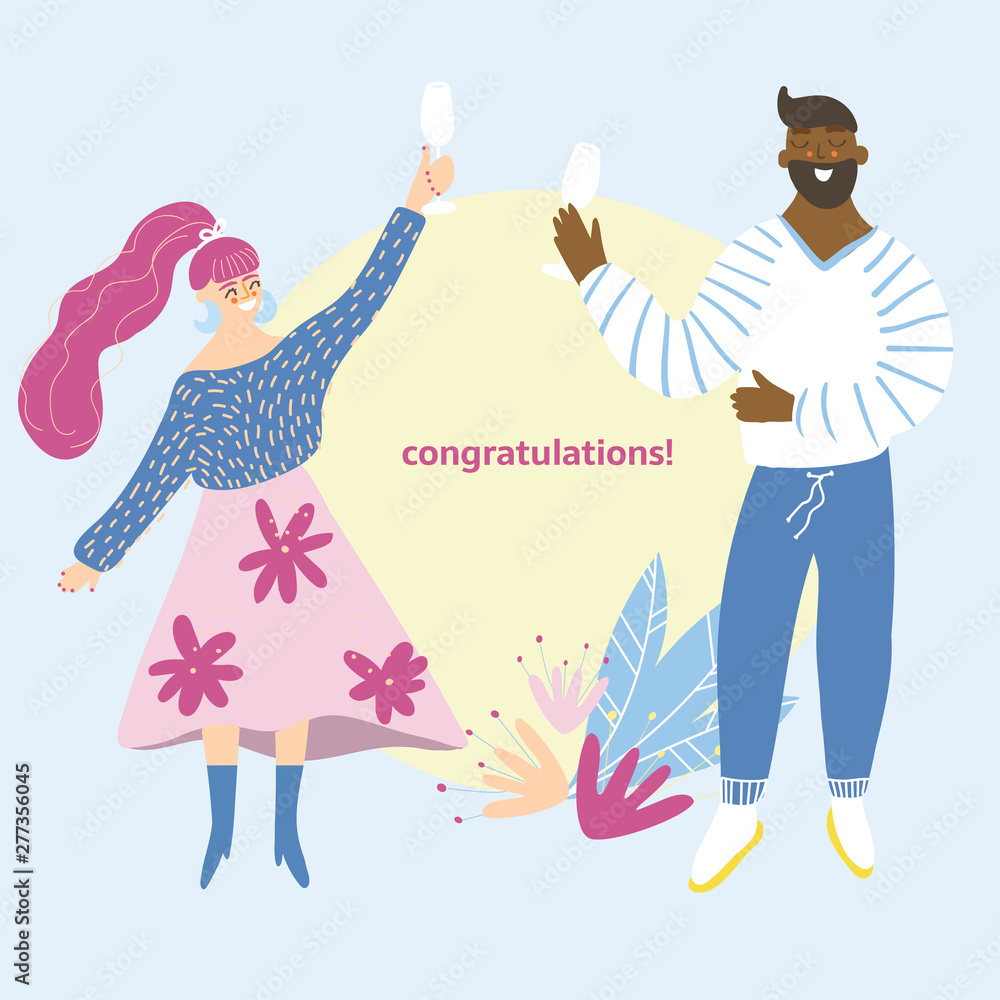 People celebrating party concept. Funny cartoon characters having fun with cocktails and confetti. Happy men and women congratulate with birthday, holiday, anniversary, festival with text area