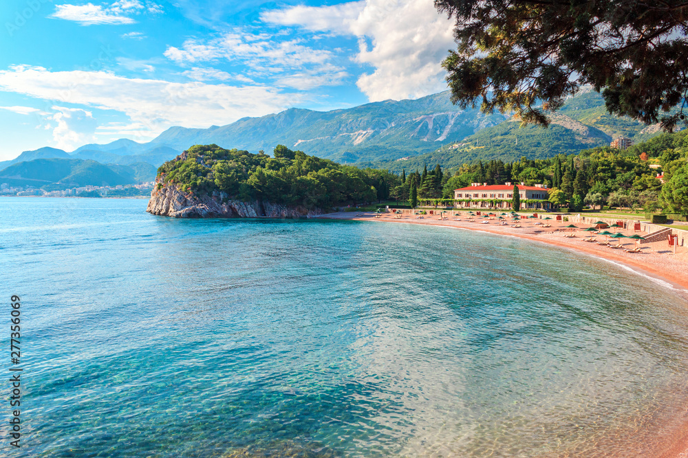 Picturesque summer view to Adriatic sea coast, villa Milocer with Royal beach in Montenegro, Amazing spot to visiting in Europe
