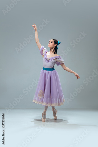 Princess. Beautiful contemporary ballroom dancer isolated on grey studio background. Sensual proffessional artist dancing walz, tango, slowfox and quickstep. Flexible and weightless.