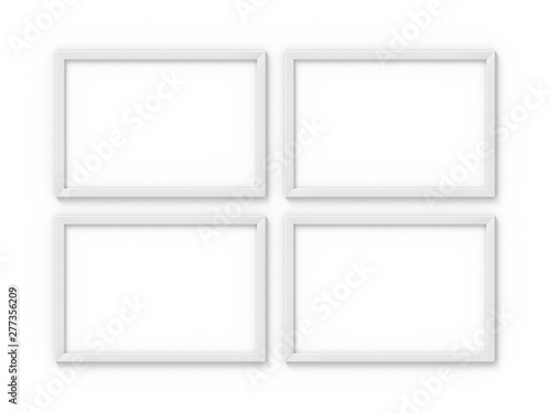 Set of 4 horizontal A4 white simple picture frame. Mockup for photography. 3D rendering