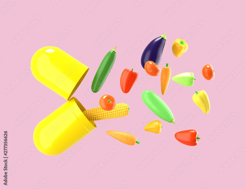 Fresh vegetables fly out of the pill. Conceptual illustration of nutritional supplements with empty space for text. 3D rendering. Fresh vegetables fly out of the pill. Conceptual illustration of nutritional supplements with empty space for text. 3D rendering.